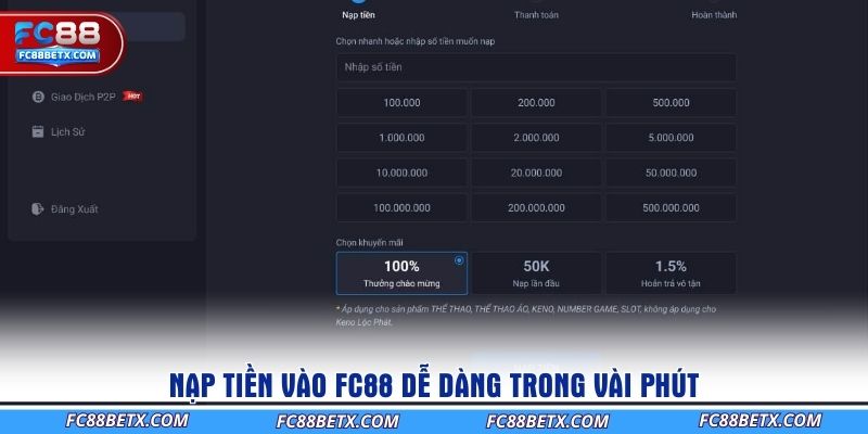 Nạp tiền vào FC88 dễ dàng trong vài phút